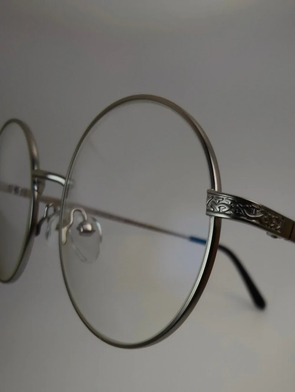 Inscription. Classic Round Silver Metal Glasses. Matsuda Type Decor Temple.